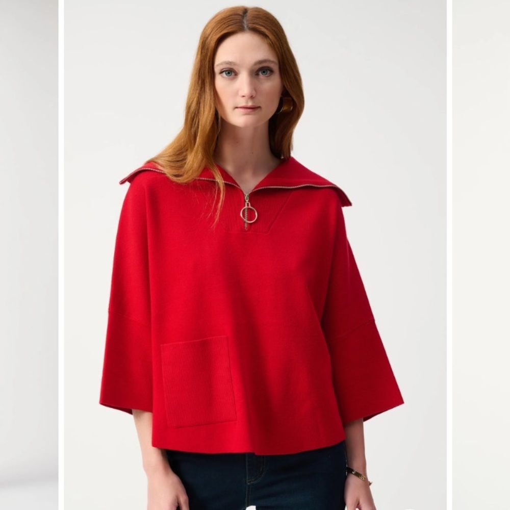 Joseph Ribkoff Red Short Dolman Sleeve Knit Zip Neck Oversized Sweater XS
